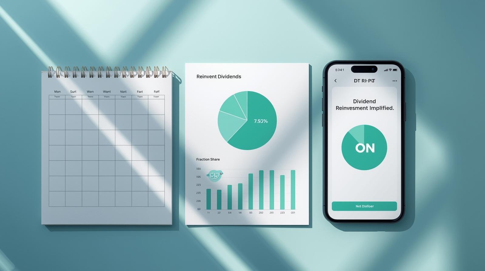 Flat-lay showing a dividend calendar and reinvest switch toggled on