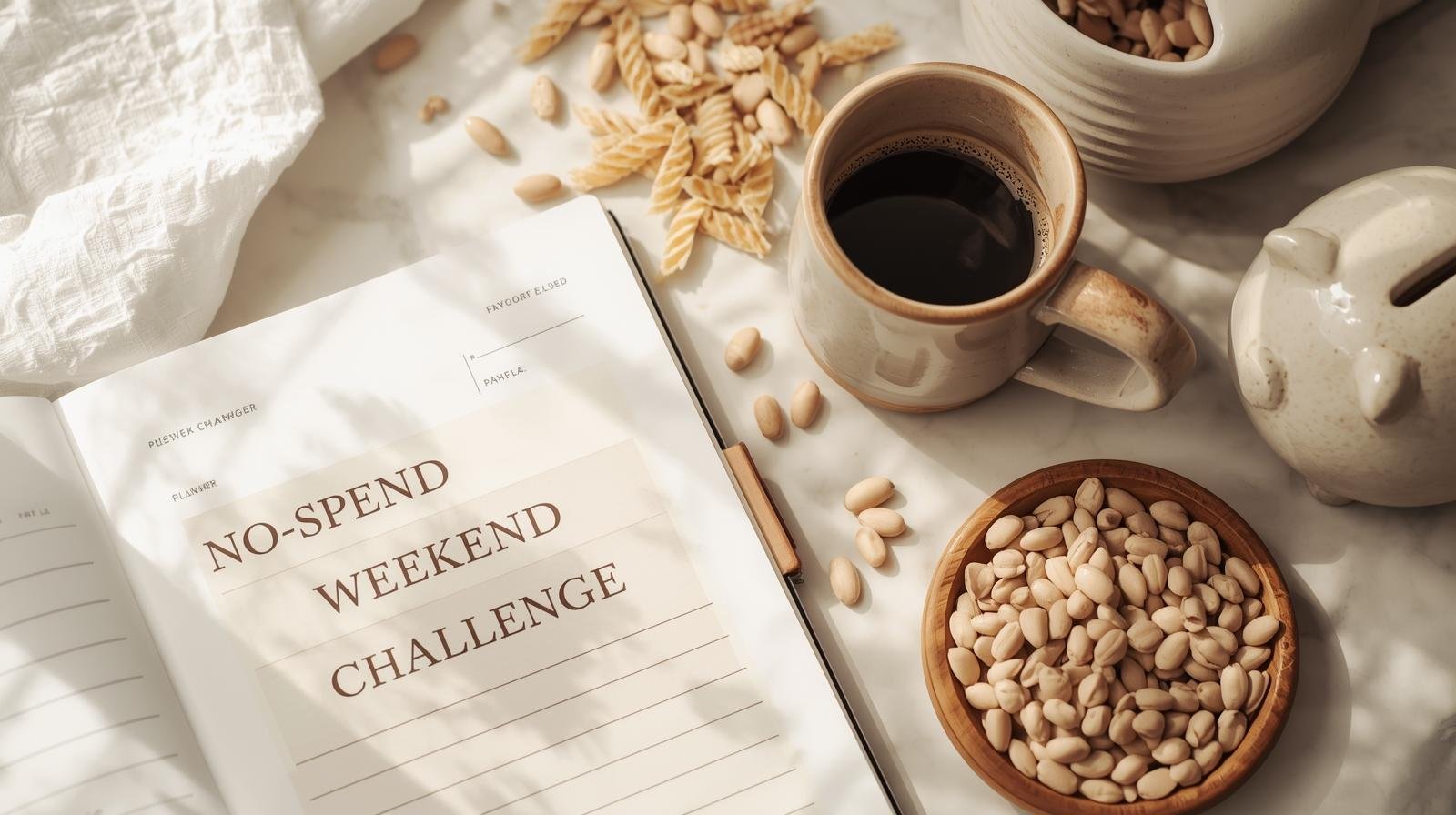 Planner marked No-Spend with pantry items and a piggy bank