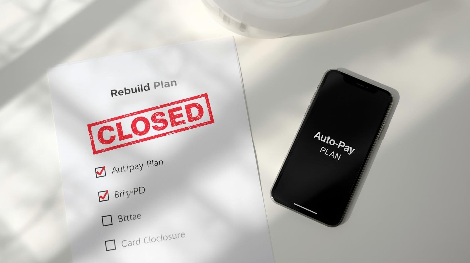 Closed credit account next to a step-by-step rebuild checklist