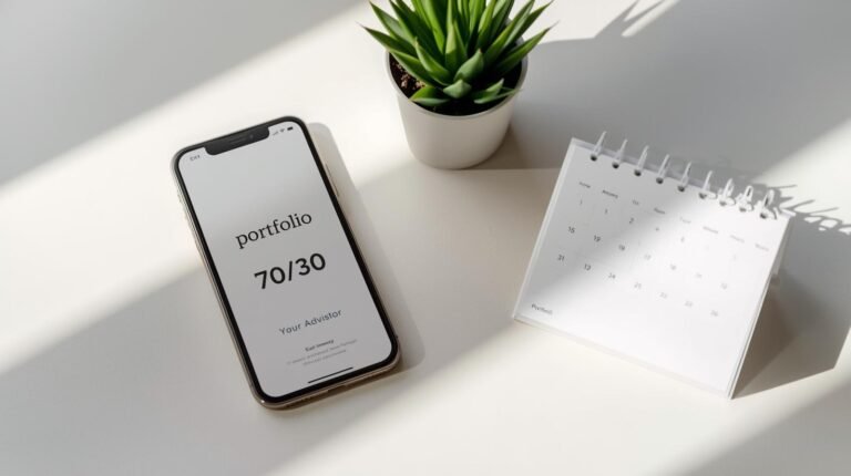 Phone showing a robo-advisor portfolio next to a calendar
