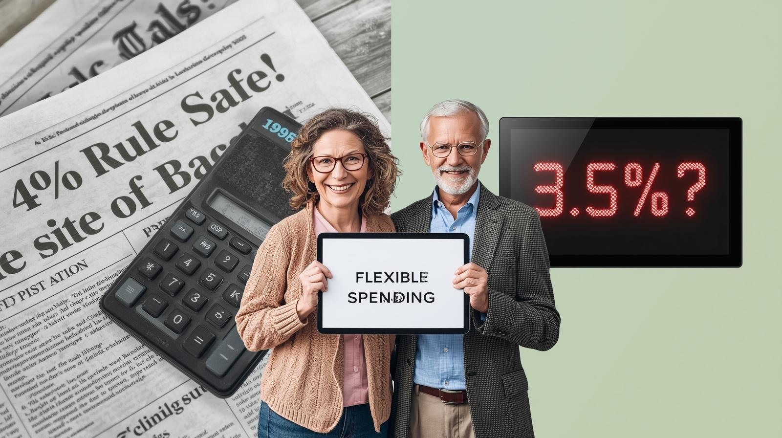 Retiree couple between 1994 and 2025 financial headlines, symbolizing the evolution of safe withdrawal strategies.