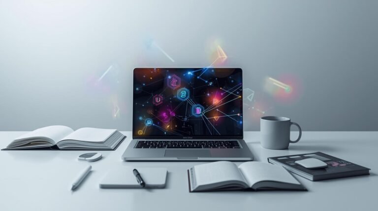 Laptop and digital icons representing online learning in 2025
