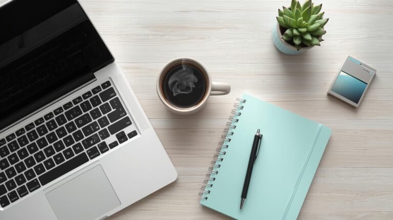 A flat-lay image of a remote worker's desk with a laptop, coffee, and a notebook