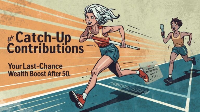 Energetic 50+ runner crossing finish line with “Catch-Up Contributions” baton, symbolizing late-stage retirement savings power.
