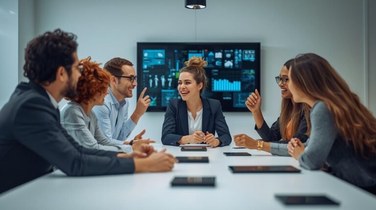 Diverse professionals collaborating in a modern office.
