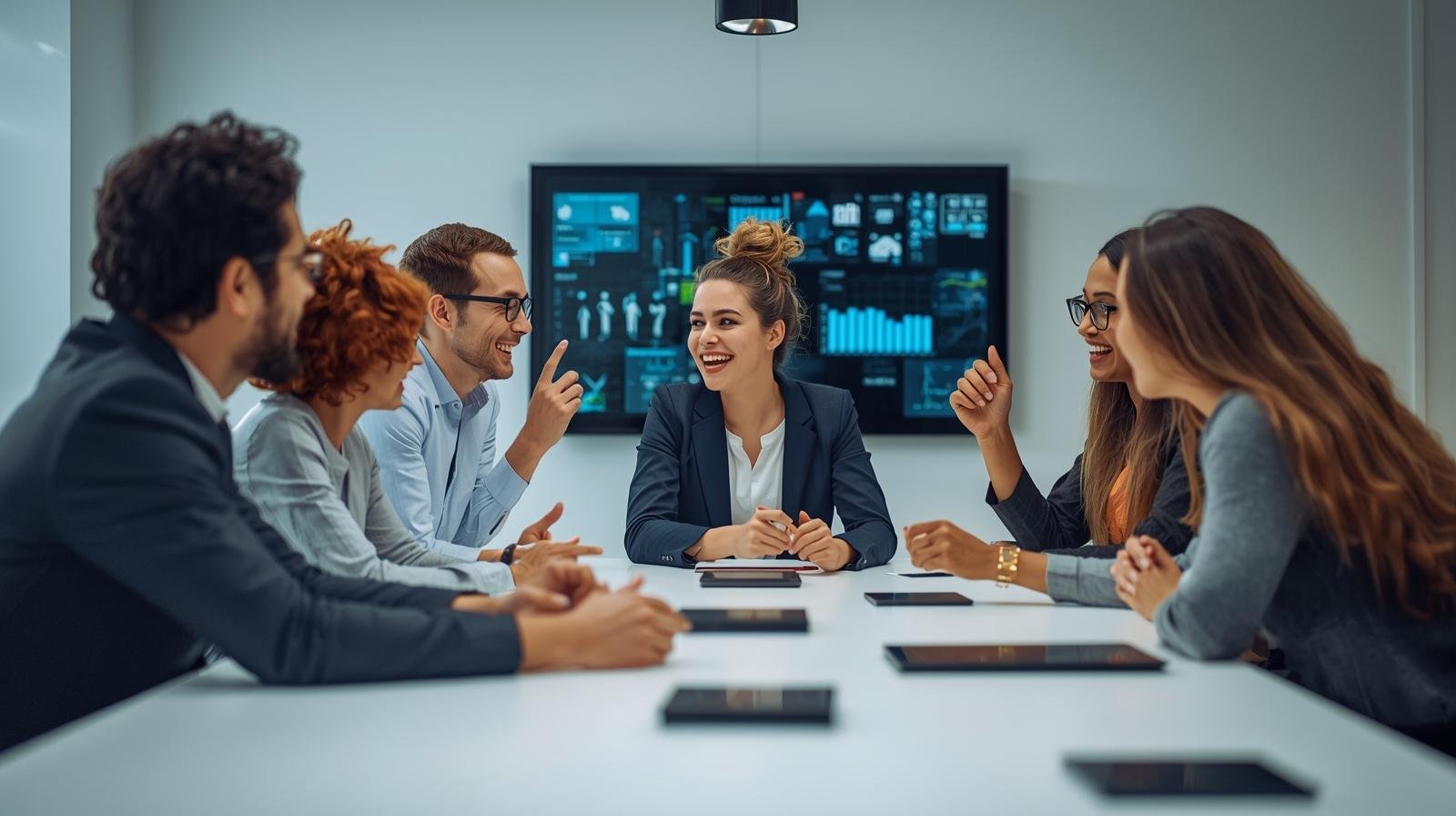 Diverse professionals collaborating in a modern office.