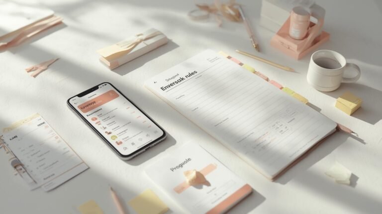 Phone showing digital envelopes next to a notebook of paycheck rules