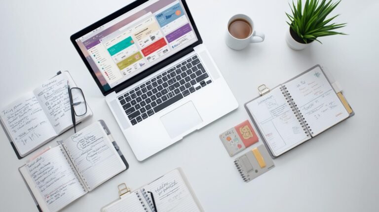 Laptop with productivity dashboards and timer apps.