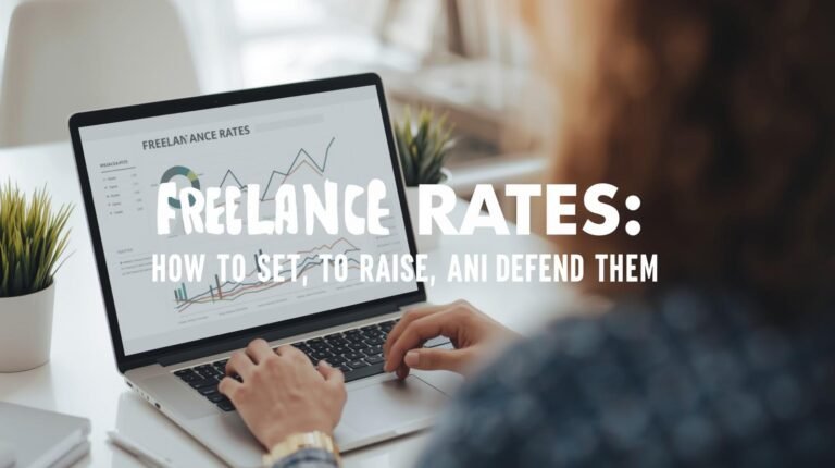 Confident freelancer at a desk with headline overlay.
