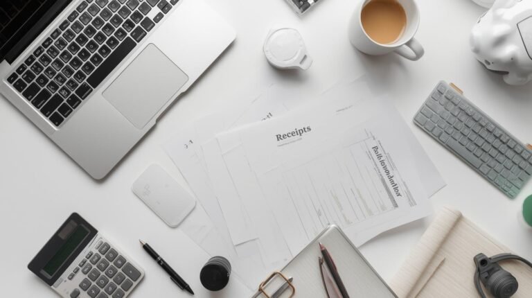 A freelancer's organized desk with a calculator and receipts, with the title "Freelancer Tax Tips".