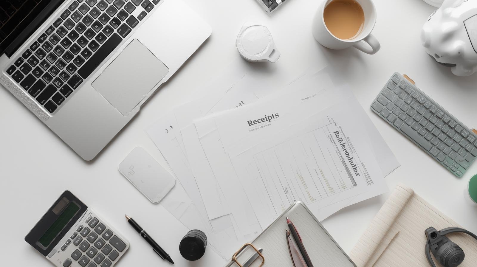 A freelancer's organized desk with a calculator and receipts, with the title "Freelancer Tax Tips".