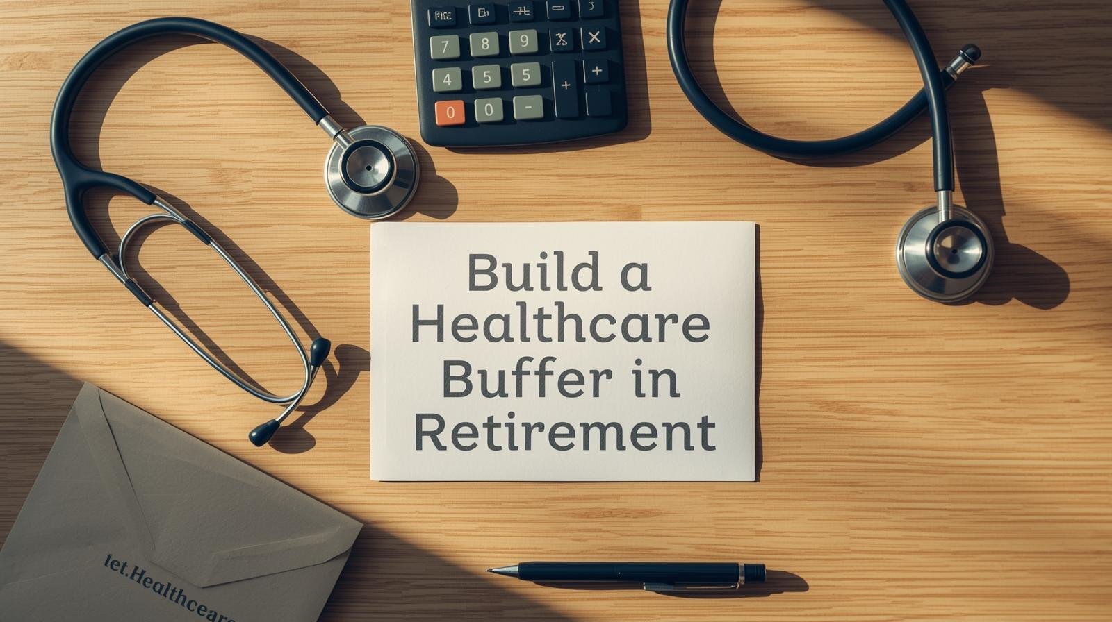 Stethoscope and calculator next to a “Healthcare Buffer” envelope.