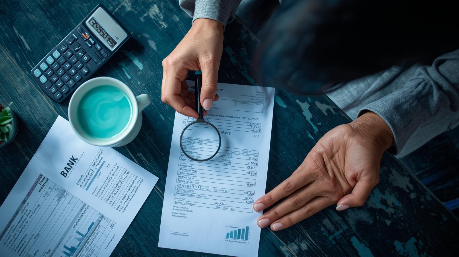 A person using a magnifying glass to find hidden tax deductions on a bank statement.