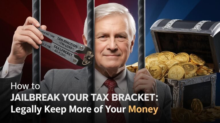 Retiree cutting through tax bracket prison bars with bolt cutters, symbolizing legal tax liberation strategies.
