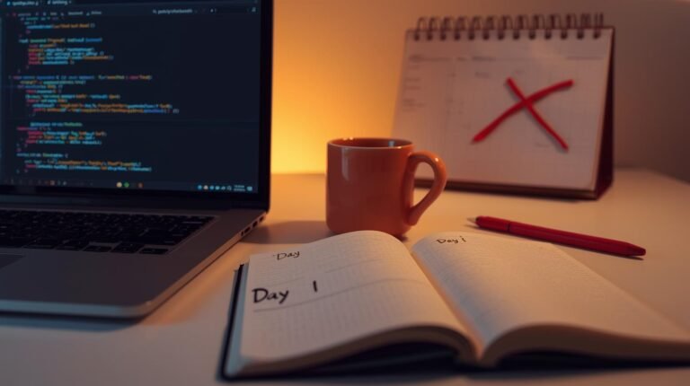 Laptop with Python code, coffee, and calendar with red X — symbolizing the 30-day coding challenge
