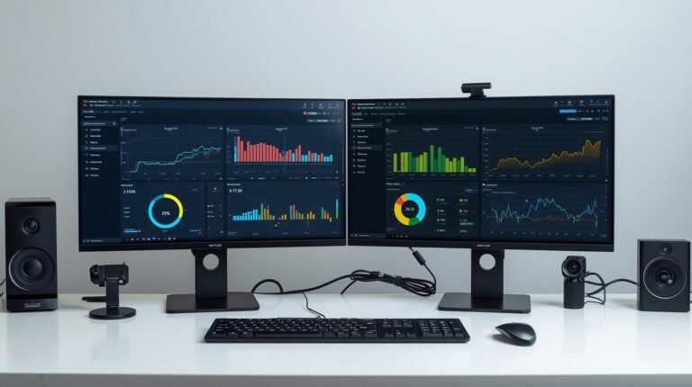 Monitors showing data dashboards and analysis tools.