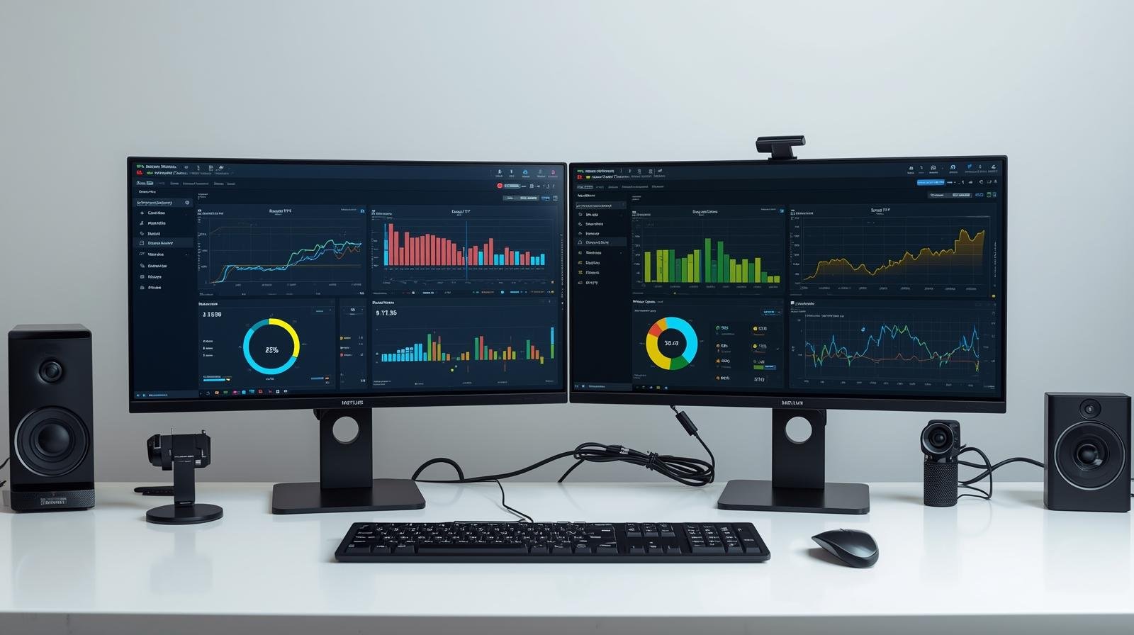 Monitors showing data dashboards and analysis tools.