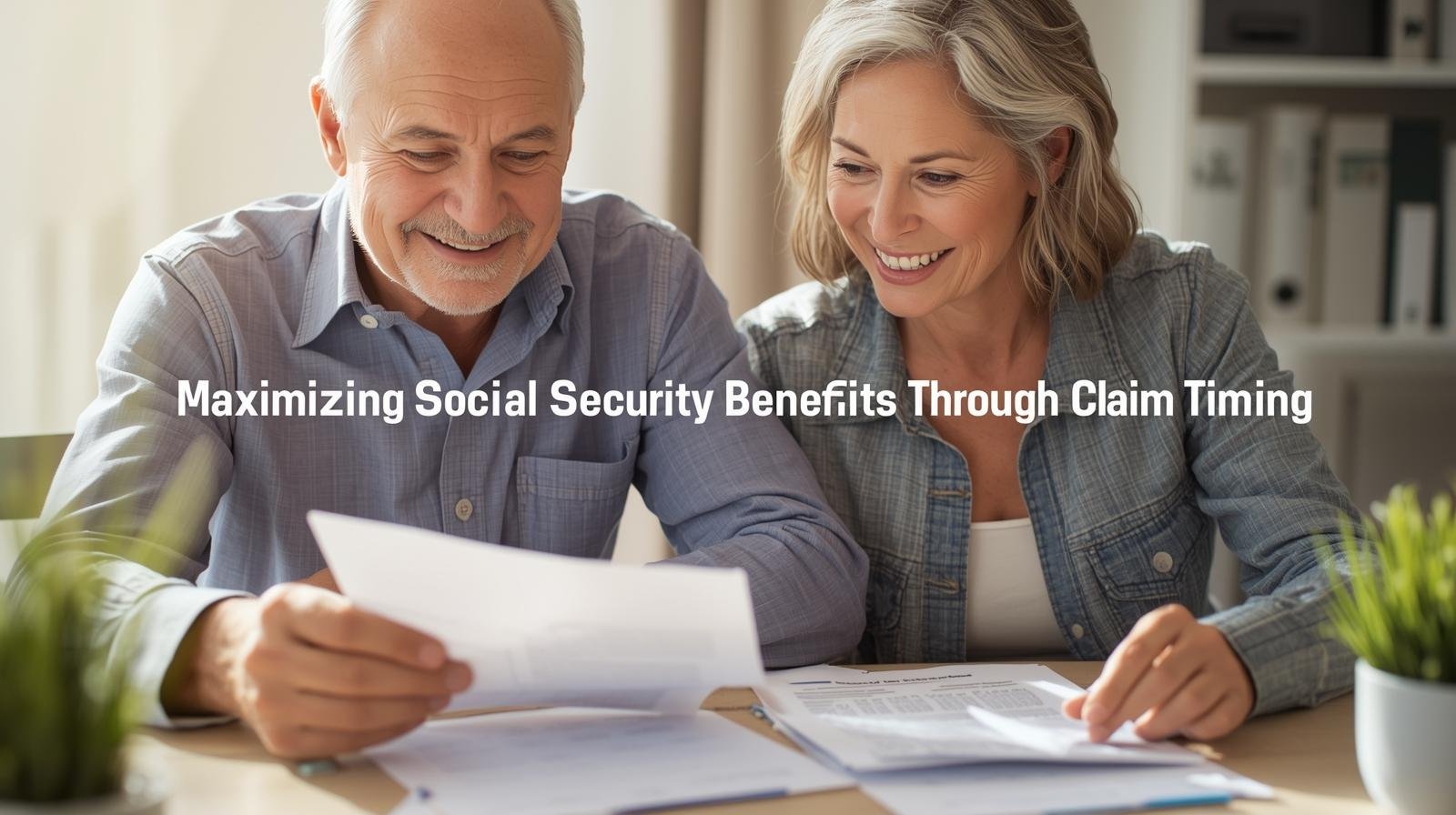 Retired couple reviewing Social Security claim strategy with advisor