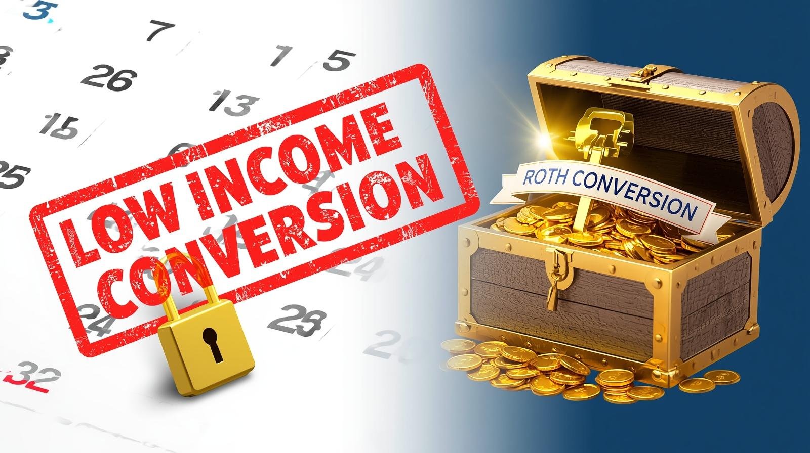 Golden key unlocking a treasure chest labeled “Tax-Free Growth” next to a calendar marked “Low Income Year” — symbolizing the Roth IRA conversion opportunity.