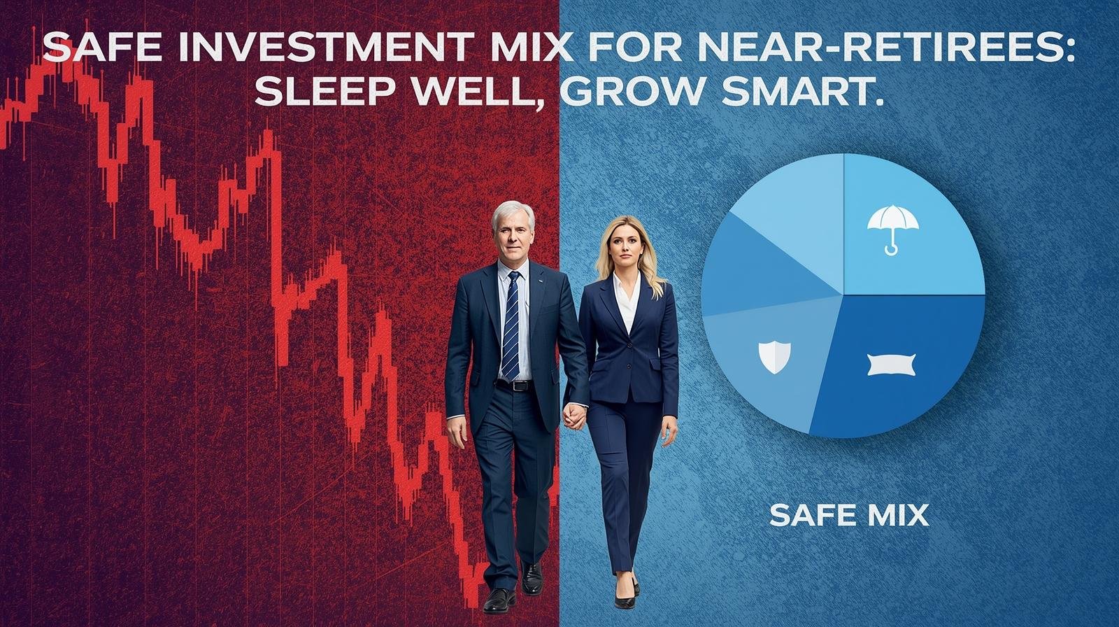 Calm retiree couple walking between a crashing stock chart and a peaceful, balanced portfolio — symbolizing smart asset allocation for retirement security