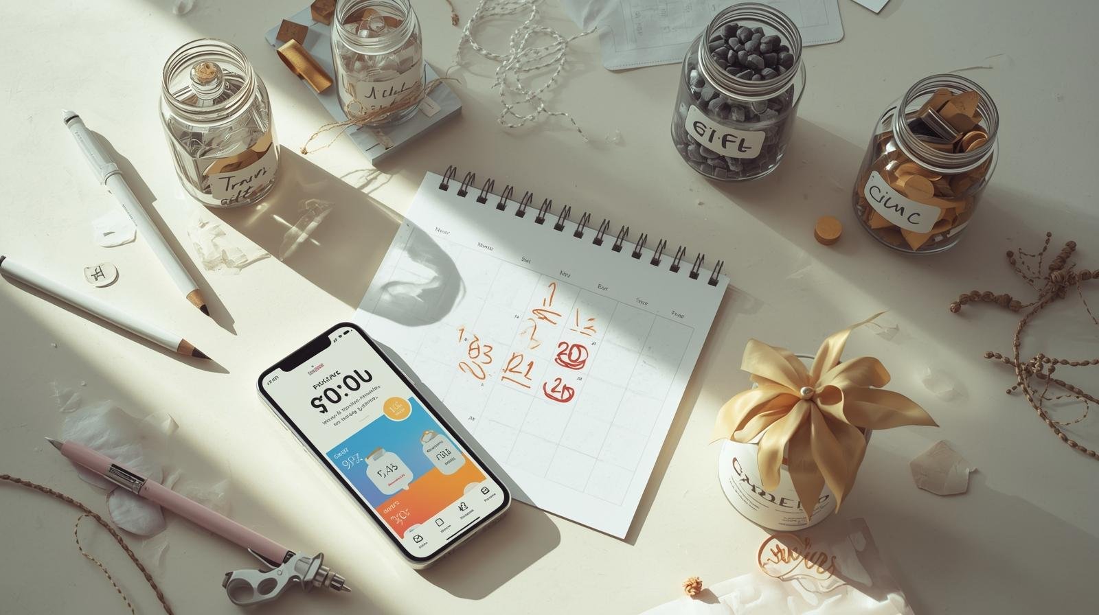 Savings jars and phone budget buckets next to a calendar of due dates