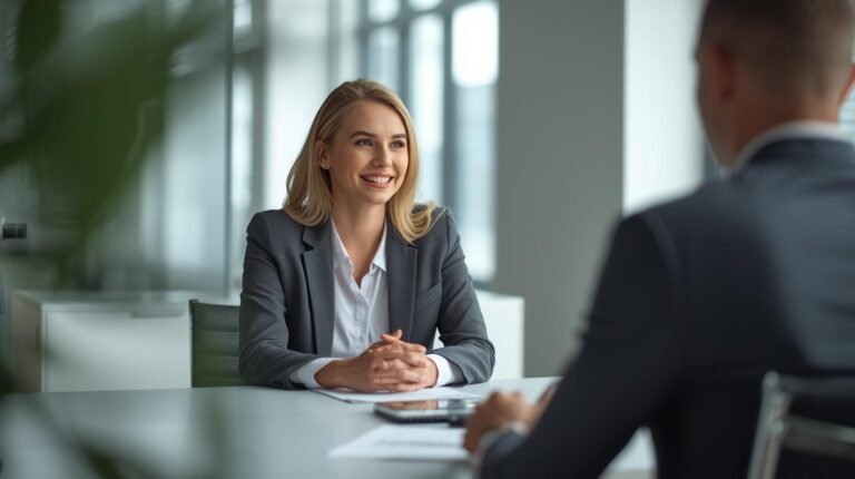 Candidate confidently communicating in a job interview.