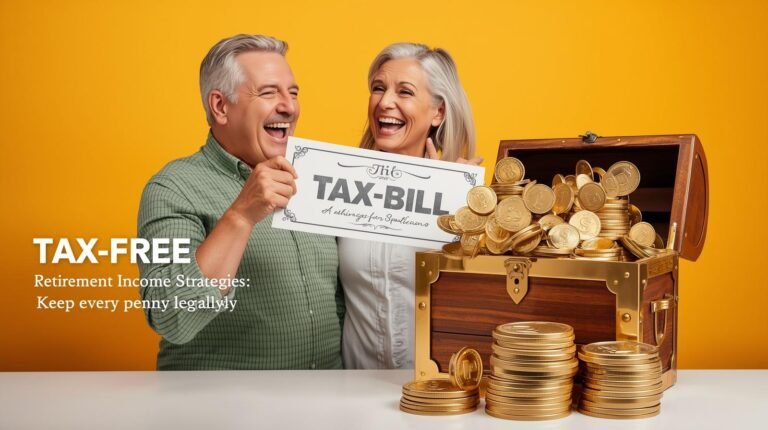 Retired couple shredding a tax bill, surrounded by tax-free income sources — symbolizing financial freedom in retirement.