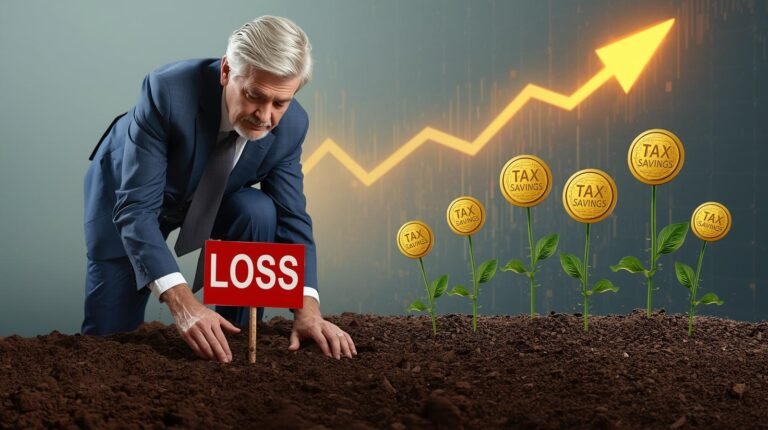 Investor turning a “loss” into blooming tax savings — symbolizing strategic tax-loss harvesting for long-term growth.