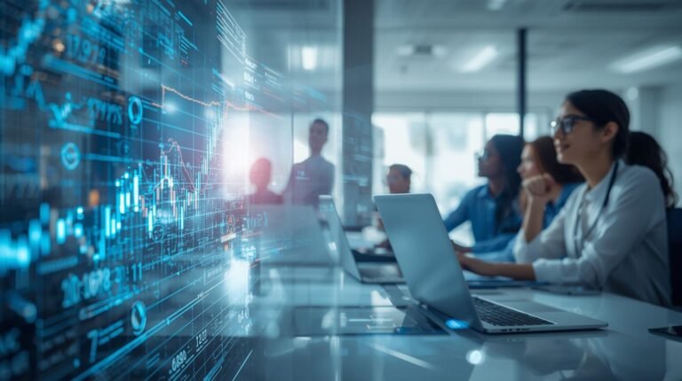 Professionals collaborating in a futuristic digital workspace.