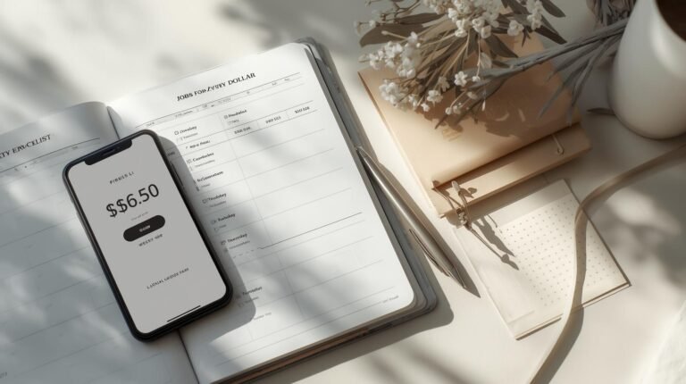 Planner with budgeting checklist and phone showing envelope balances