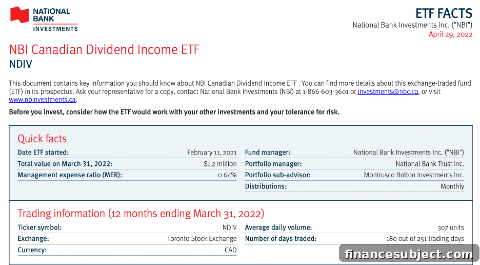 A "quick facts" section from an ETF Facts document from National Bank Investments