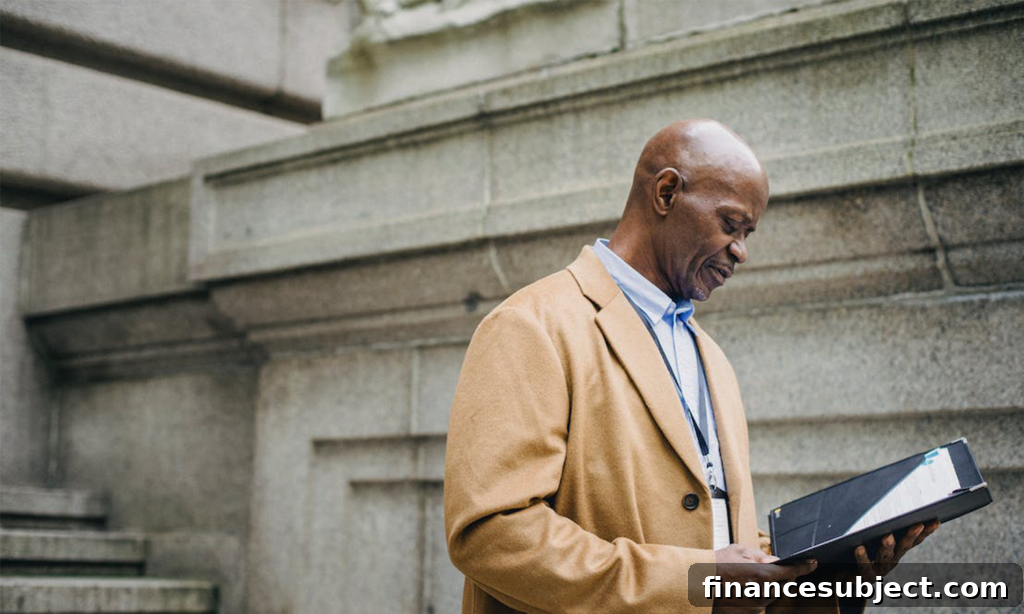 An employee in a beige suit stands outside looking at his pension plan summary in a folder.