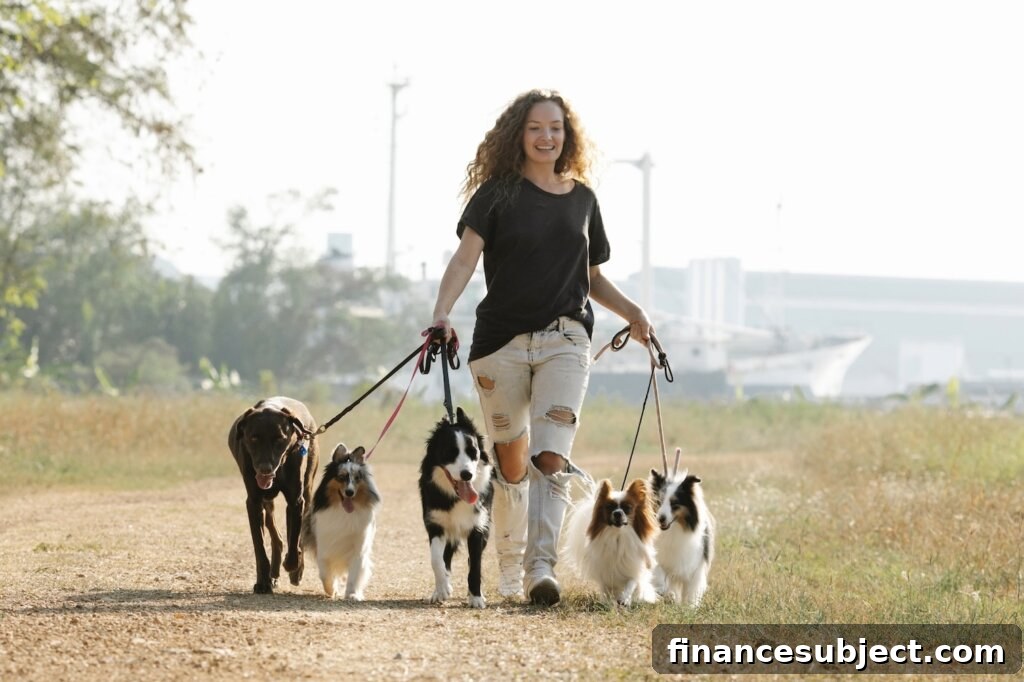 A woman walks five dogs in a park
