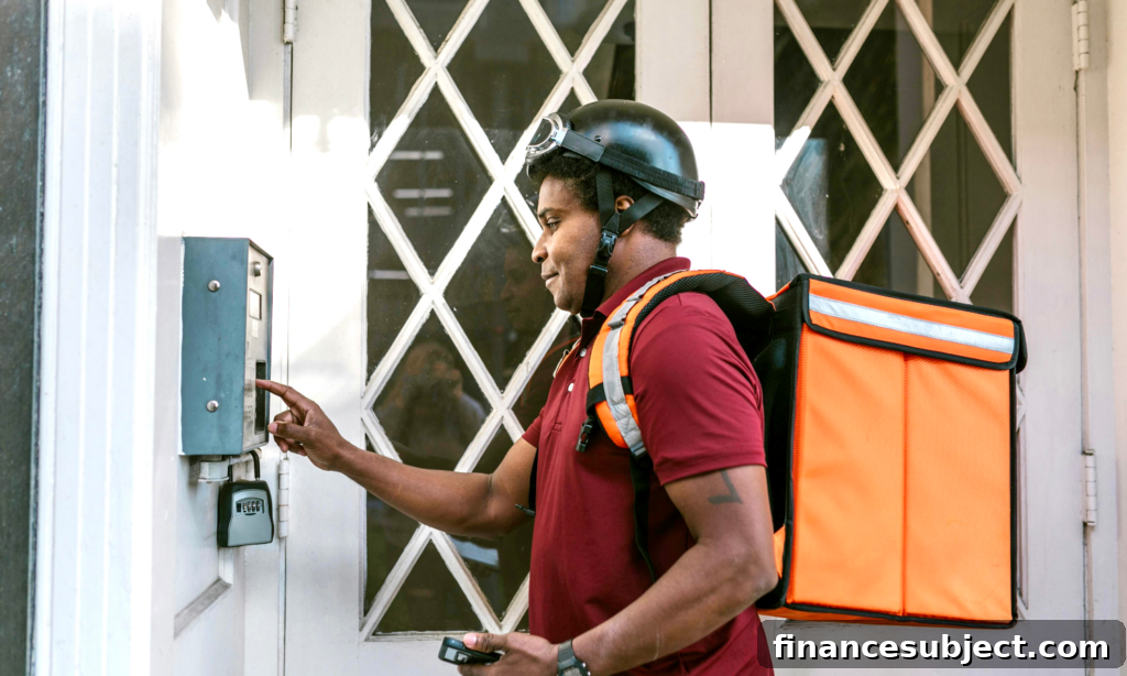 A food delivery courier rings the buzzer at an apartment building