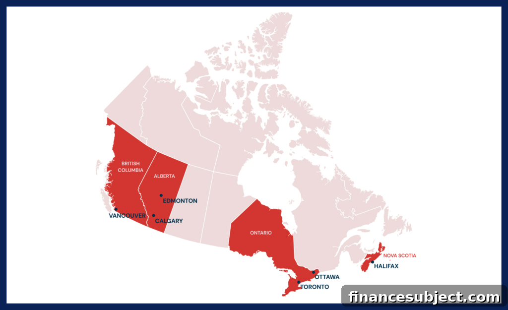 Map of Canada with six cities marked: Vancouver, Edmonton, Calgary, Toronto, Ottawa, Halifax