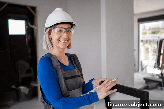 A woman with a hard hat working on a condo renovation