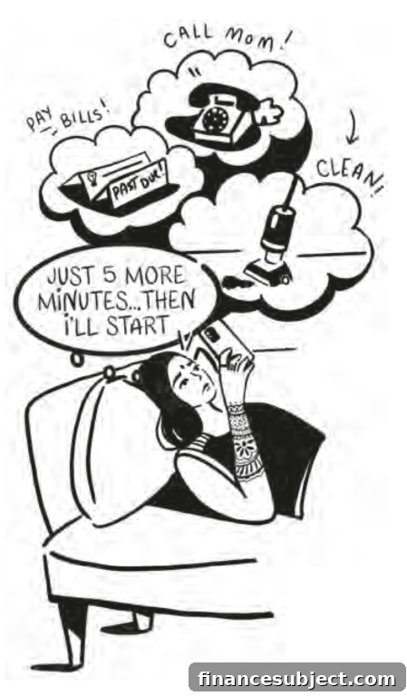 Cartoon of a woman lying on a couch with her phone