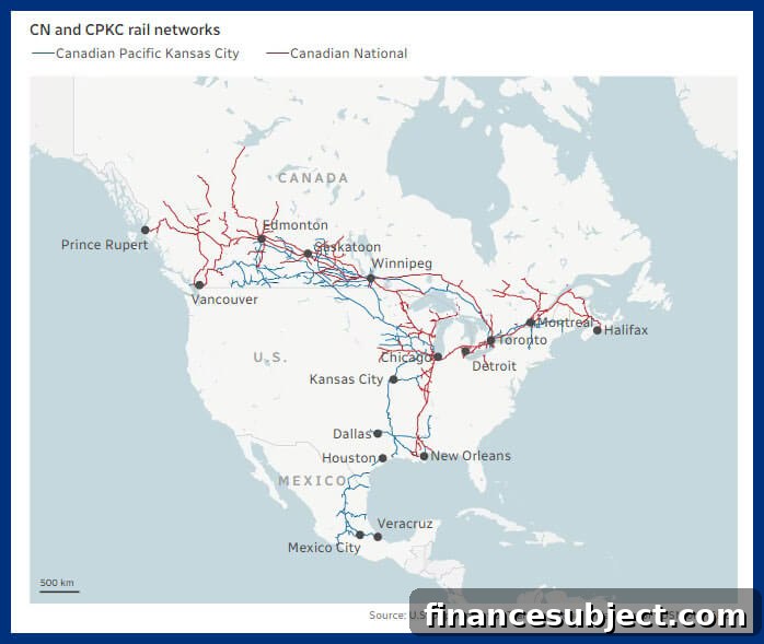 Map of railways, from Prince Rupert to Halifax down to Mexico City.