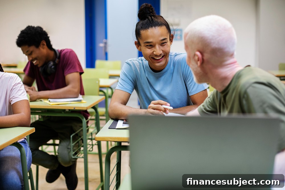 Adult students chat in a classroom