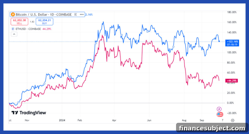 Line graph comparing bitcoin and ethereum values from October 2023 to October 2024
