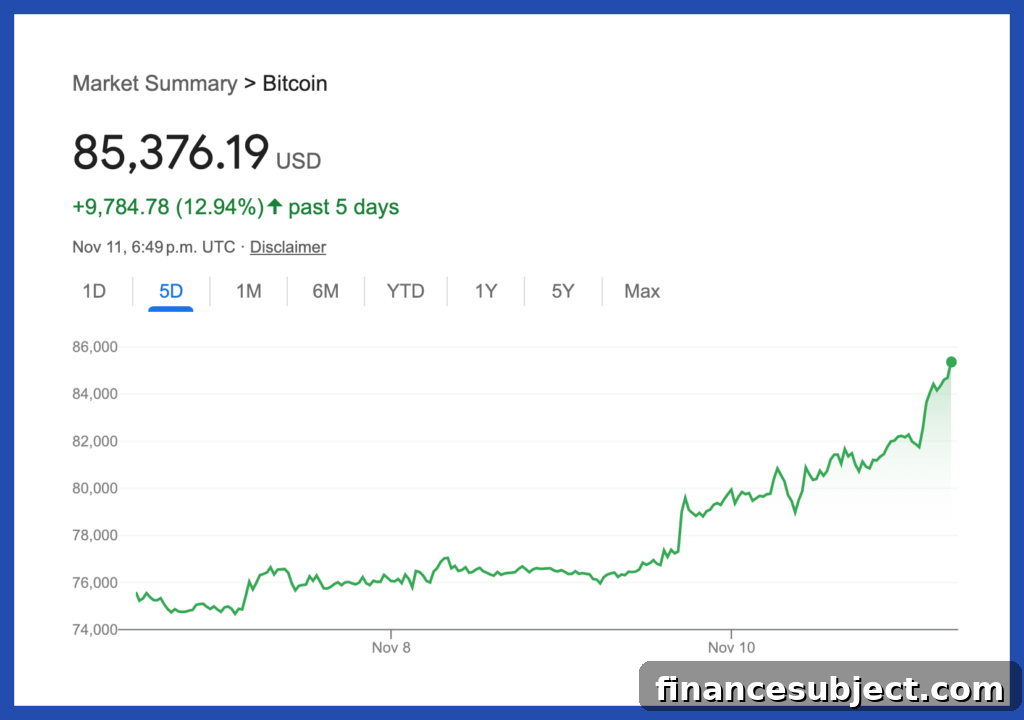 Line graph showing bitcoin price above U.S. $85,000 on November 11, 2024