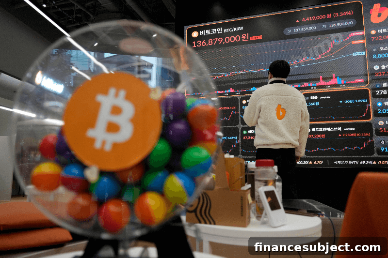 A man watches bitcoin prices on a large screen