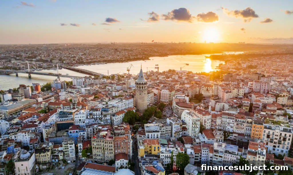 Aerial view of the city of Istanbul at sunset