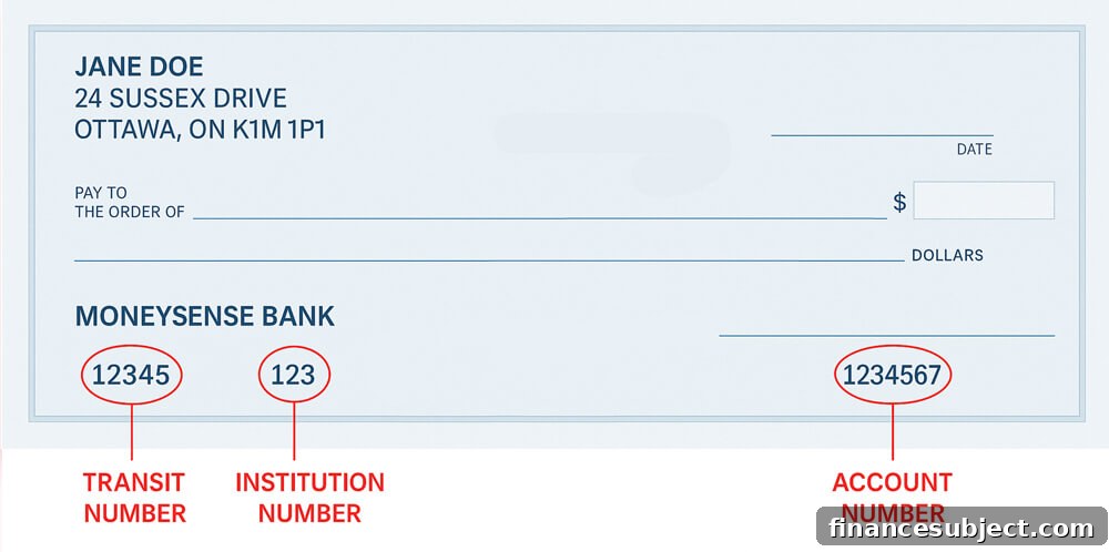 A fake cheque to show transit, institution and account numbers.